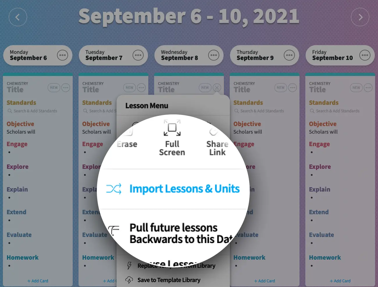 "Import Lessons and Units" option selected in the Lesson Menu