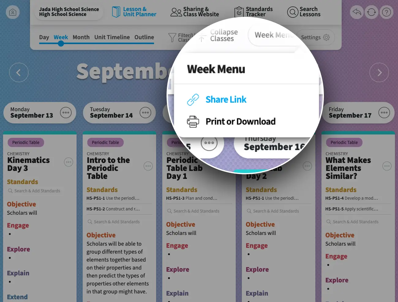 Screenshot of Jada's planbook showing her selecting the share link option in the week menu