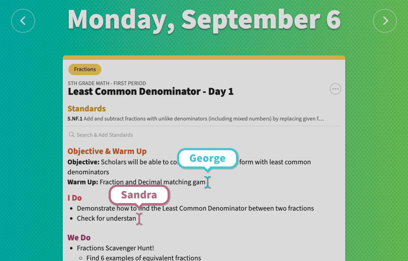 An image of a single lesson showing both George and Sandra editing the same lesson at the same time.
