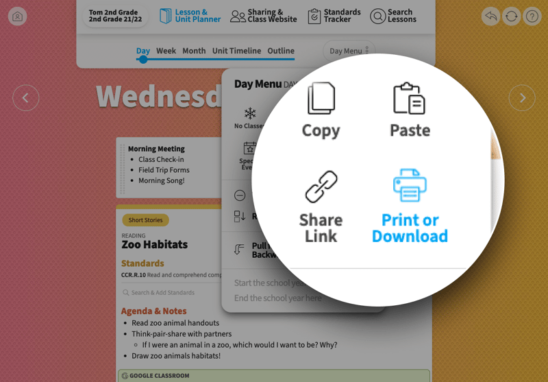 Tom selects the Print or Download option in the day menu.
