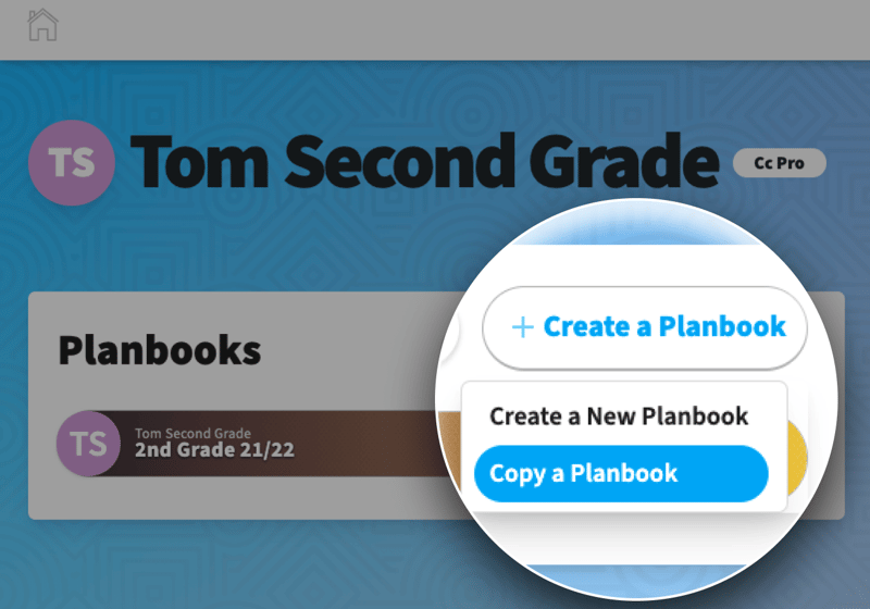 Screenshot of Tom's user dashboard, with a focused zoom in on the copy planbook option selected.