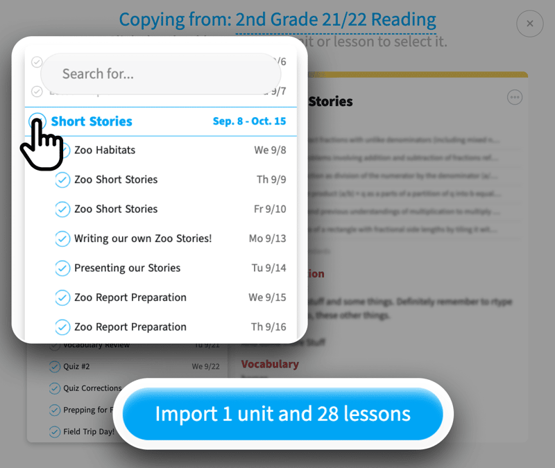 Barb selects an entire unit with lessons from another colleague's planbook to be copied into her own planbook