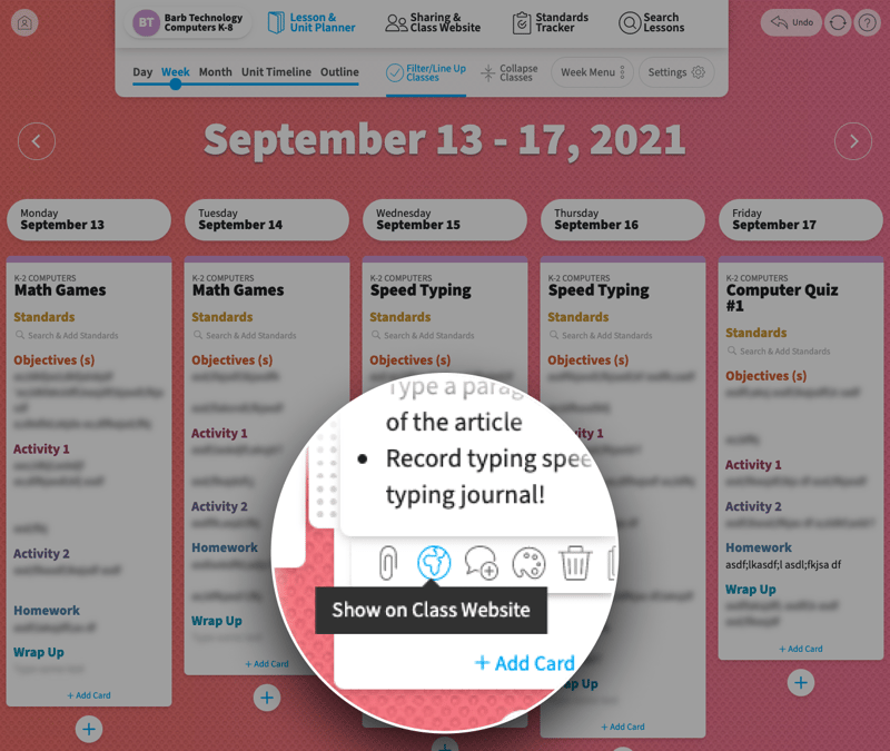 The action bar at the bottom of a lesson car is visible with the small icon of a globe selected to show the card on the class website